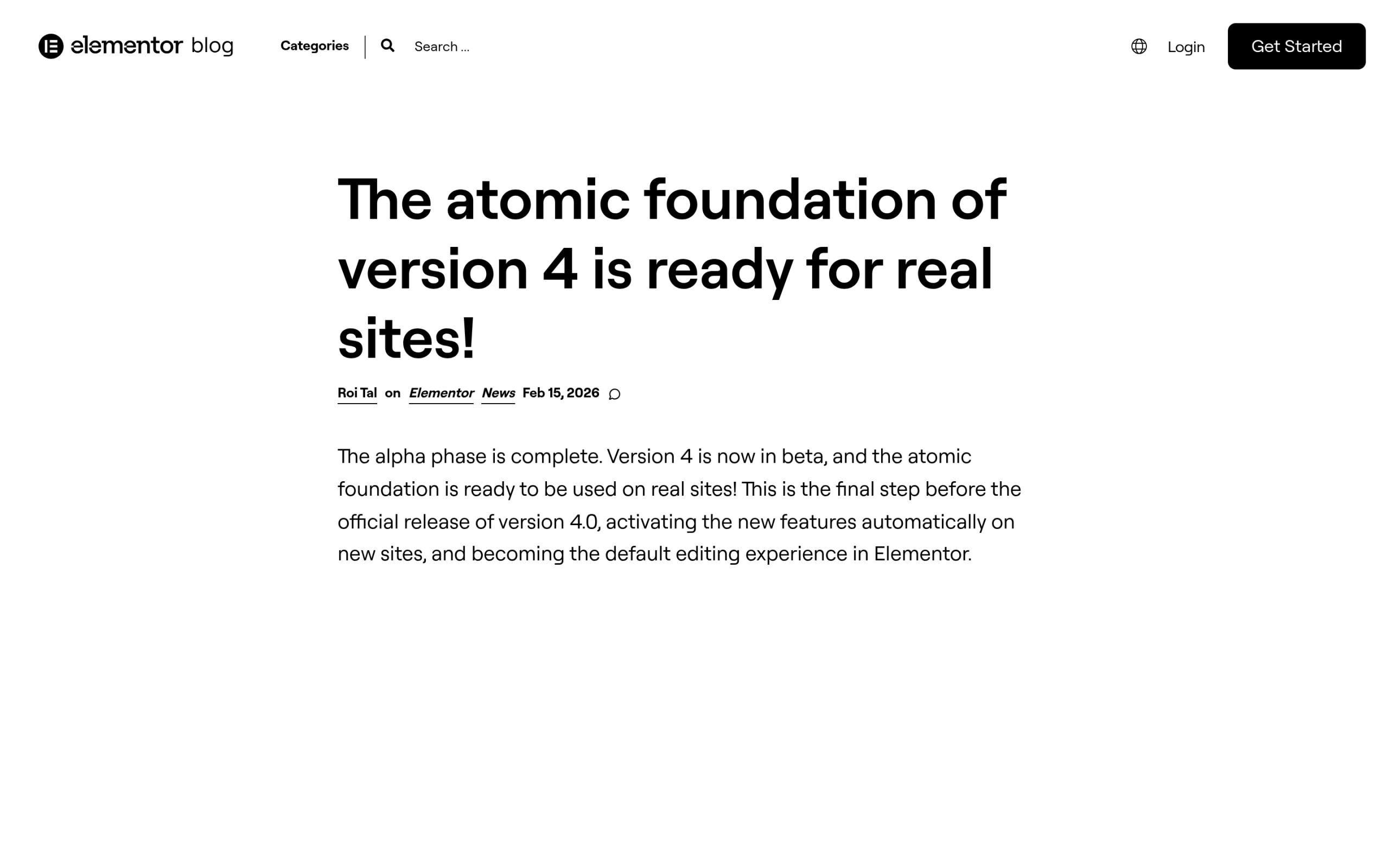 Elementor blog post stating the atomic foundation of version 4 is ready for real sites