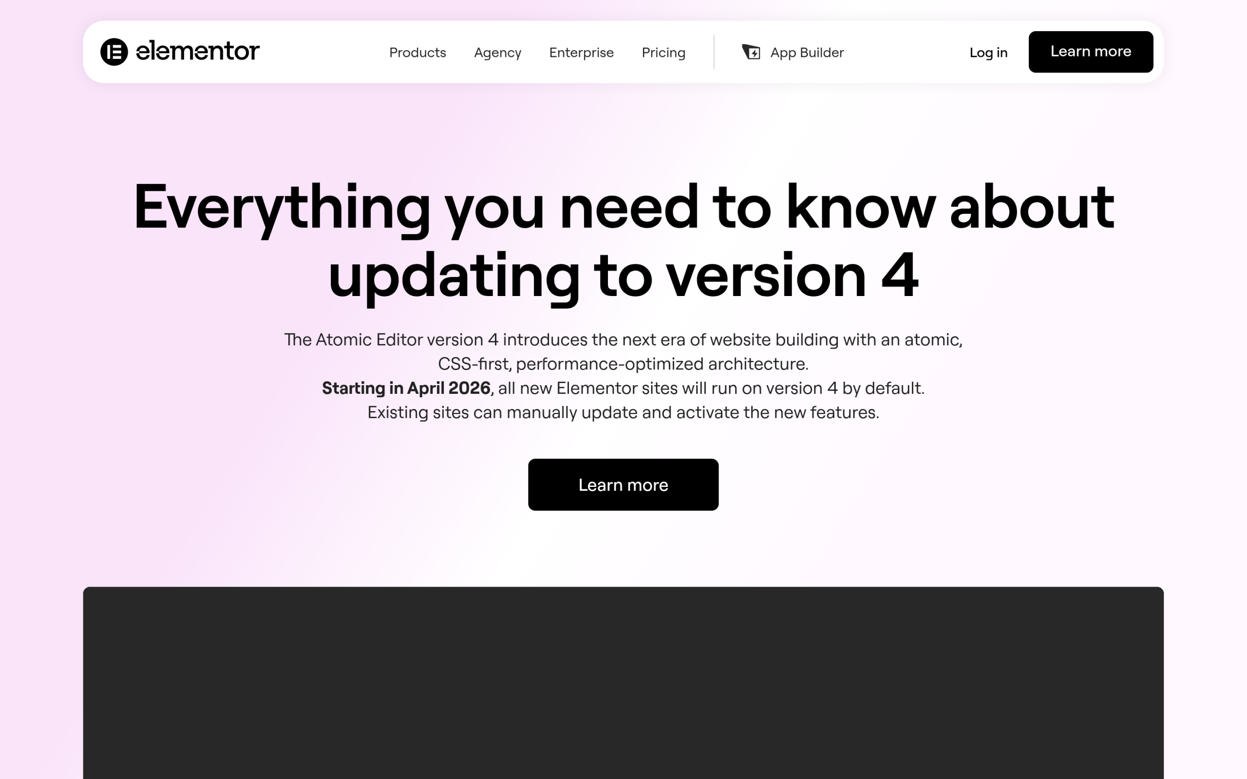 Elementor official version 4 faq on updating existing sites