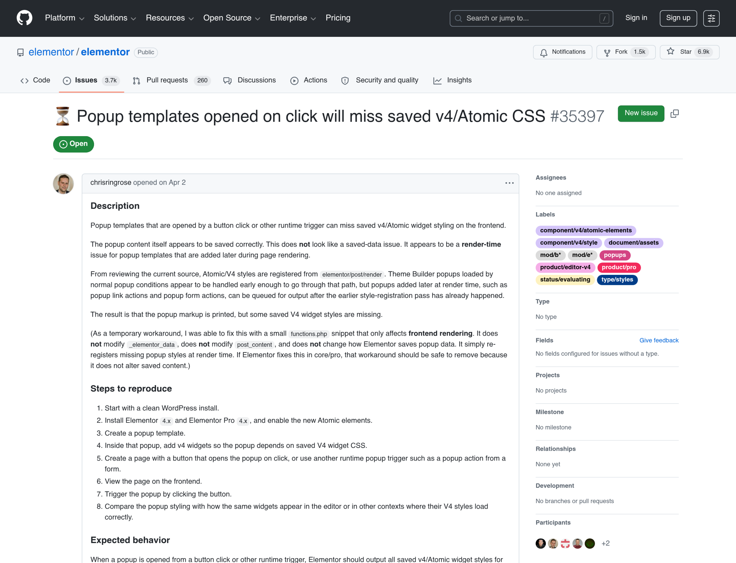 Fix: Elementor V4 Styling and CSS Not Loading (2026) Elementor github issue 35397 reporting that popup templates opened on click miss saved v4 atomic css