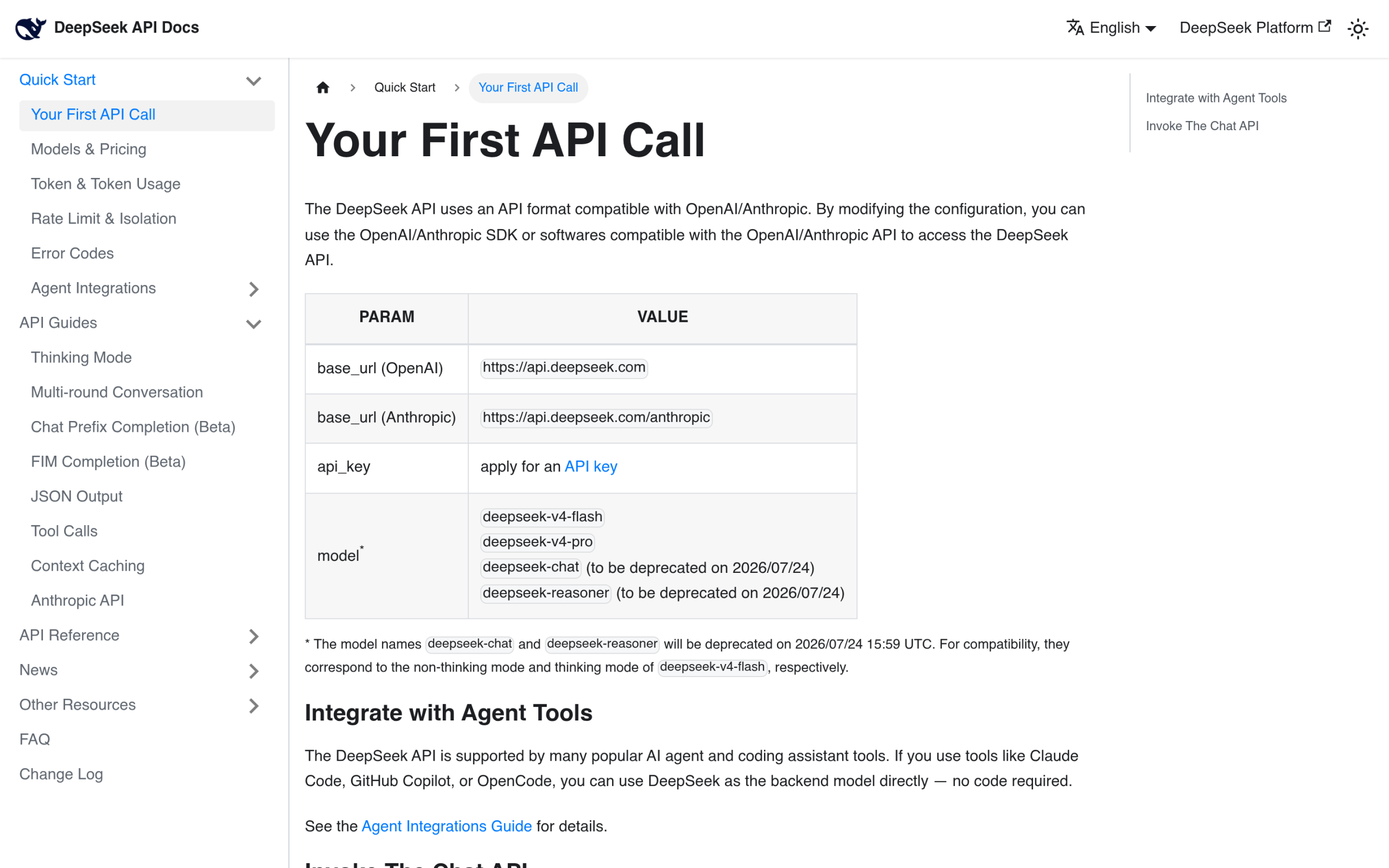 Deepseek api documentation homepage showing the openai-compatible base url