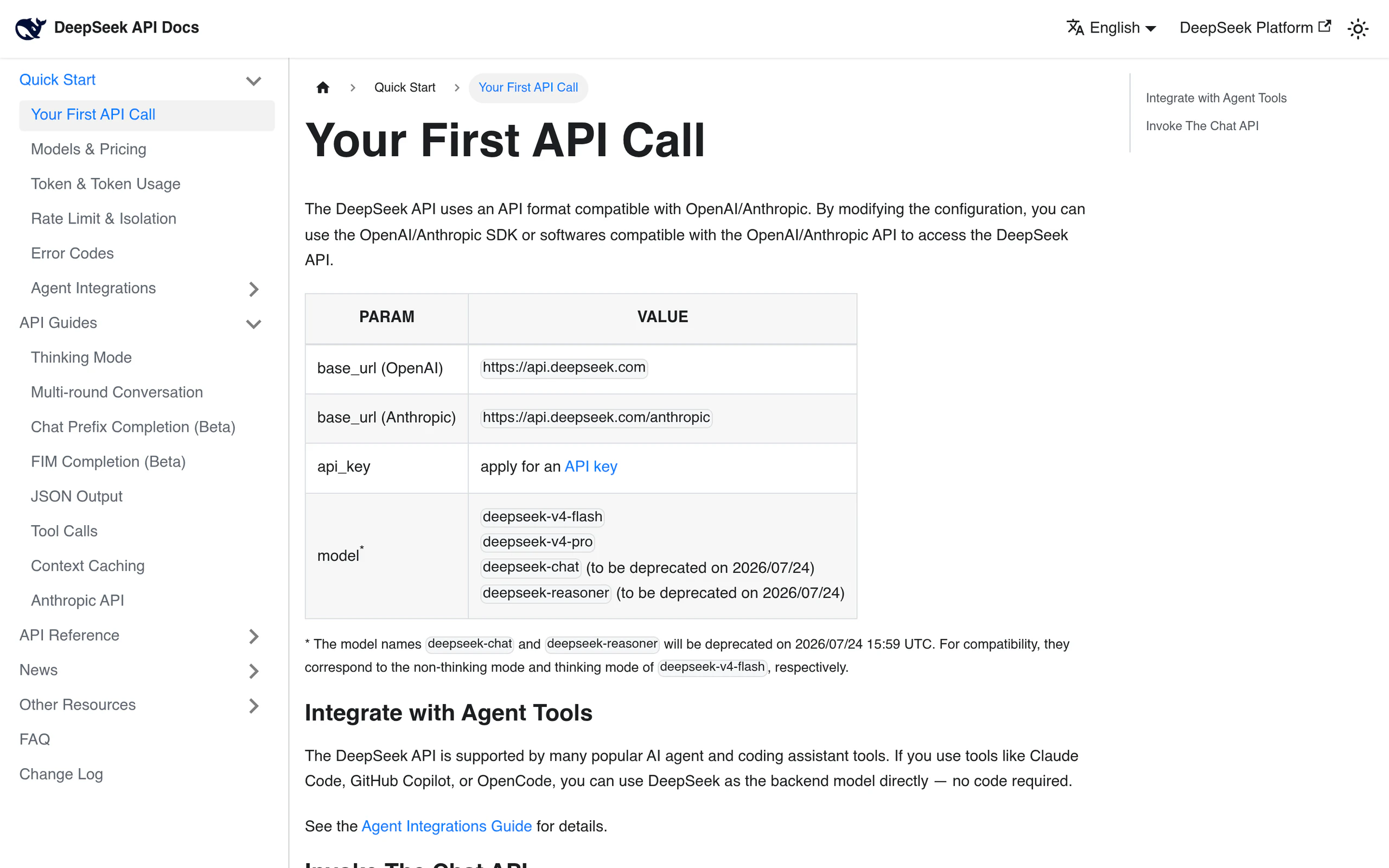 Deepseek api documentation homepage showing the openai-compatible base url