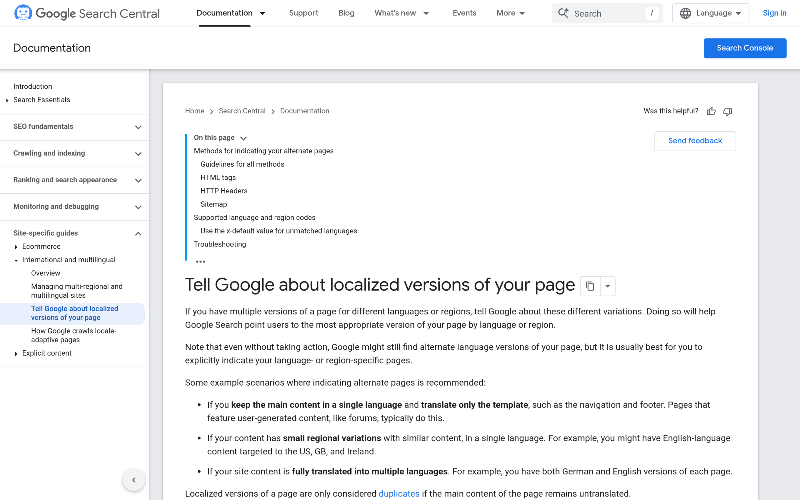 Google search central documentation on using hreflang for localized page versions