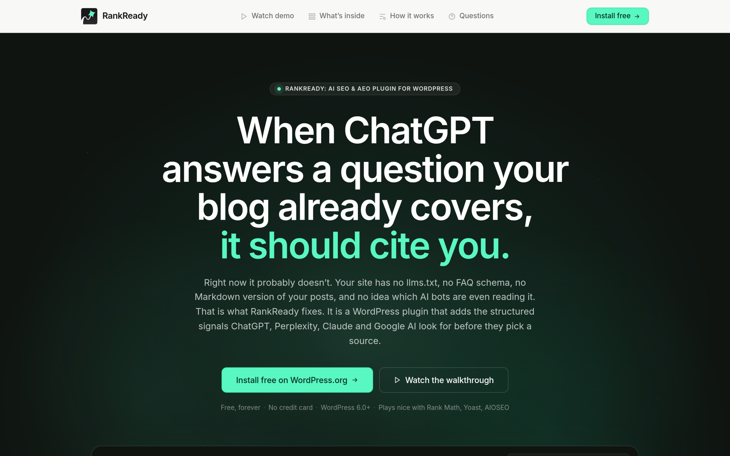 Rankready wordpress plugin store page, the free on-site ai readiness and crawler-log tool