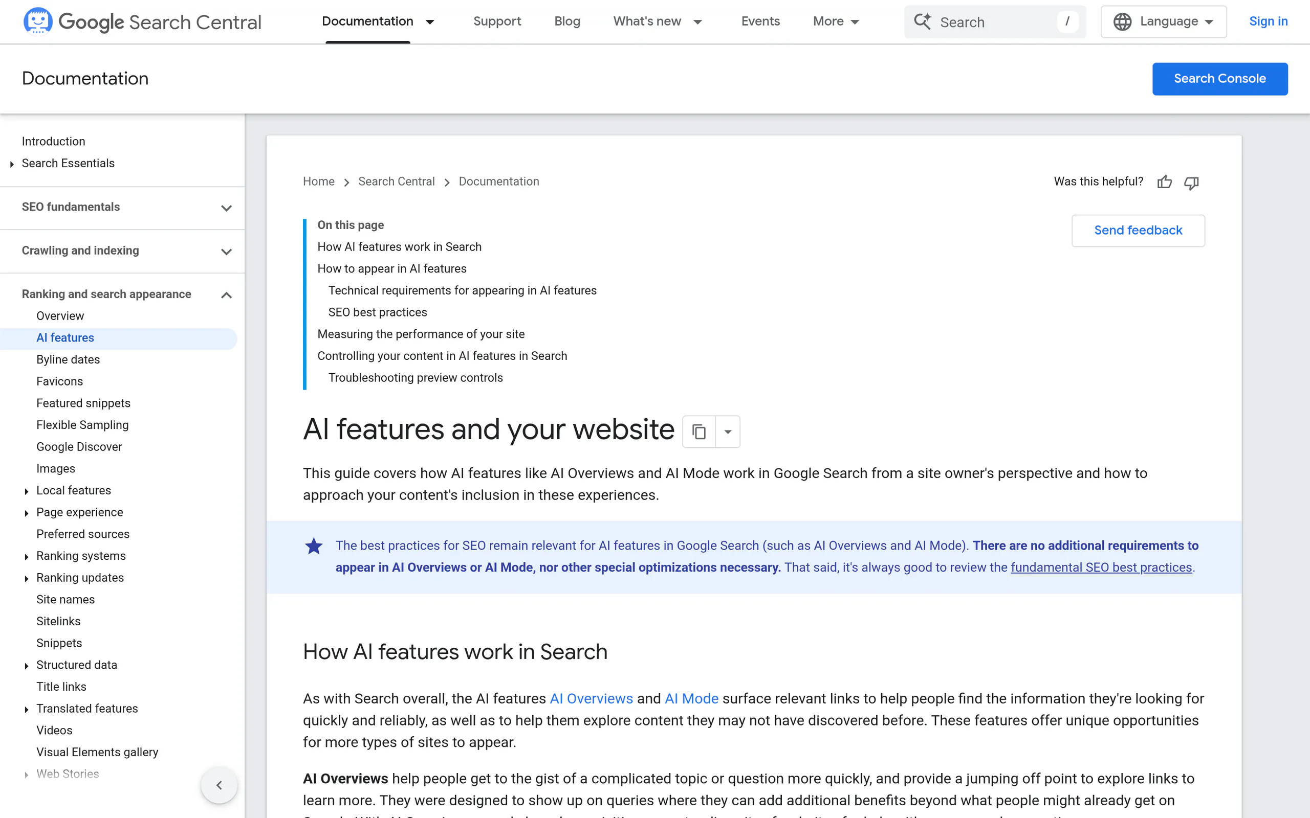 Google search documentation on ai features and how content appears