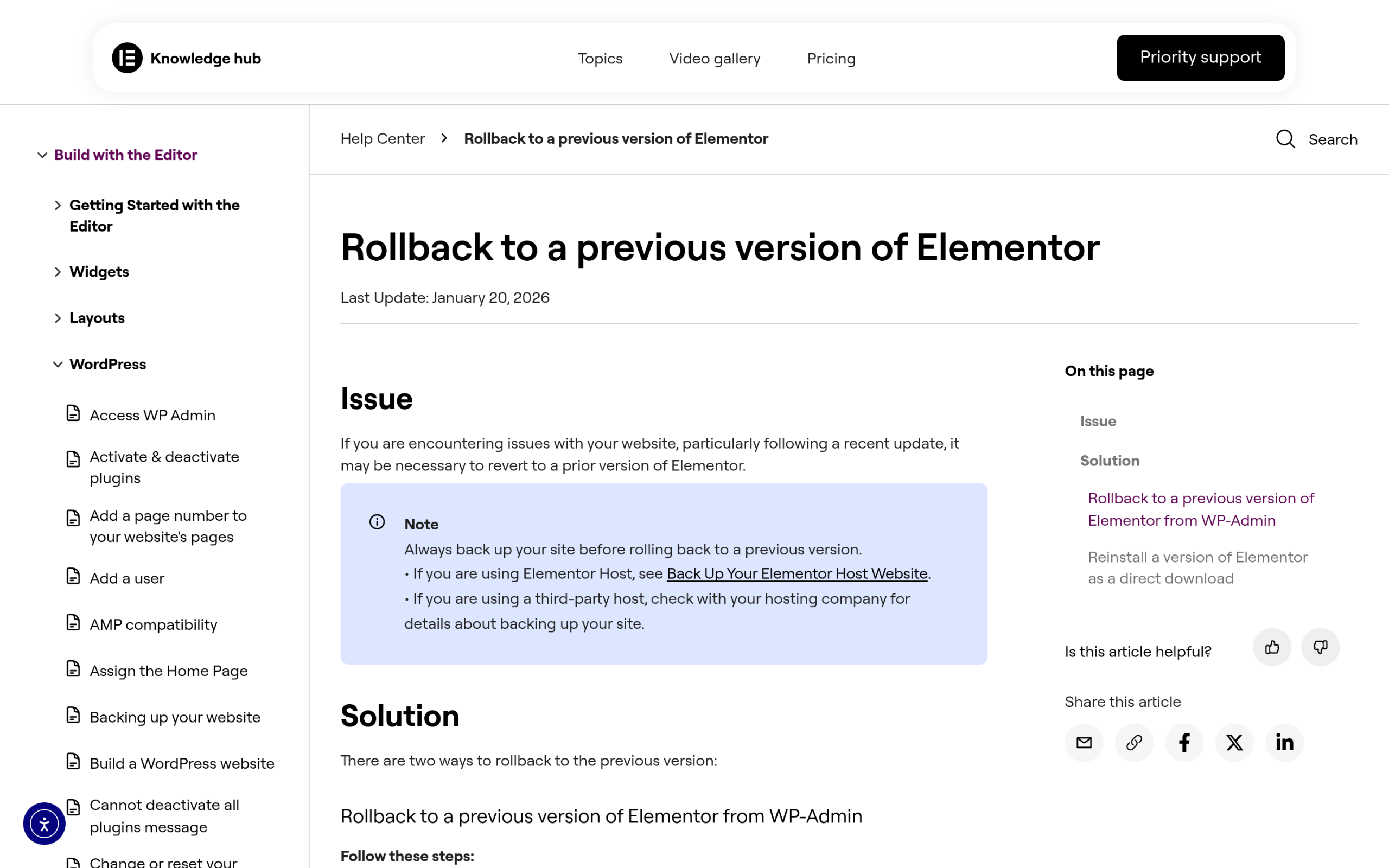 Elementor version control rollback to a previous version documentation