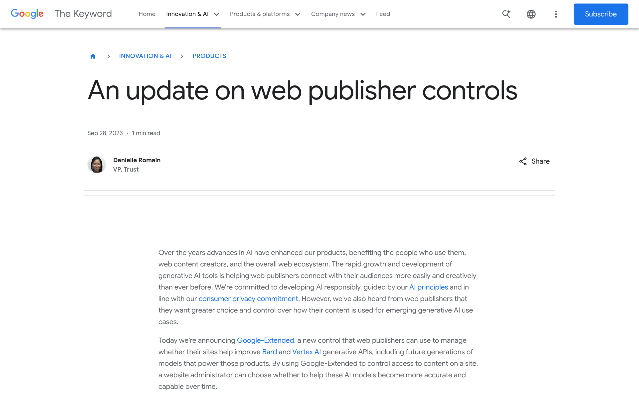 Google-Extended: How to Control Whether Google Trains Its AI on Your WordPress Content Google blog update on web publisher controls introducing google-extended