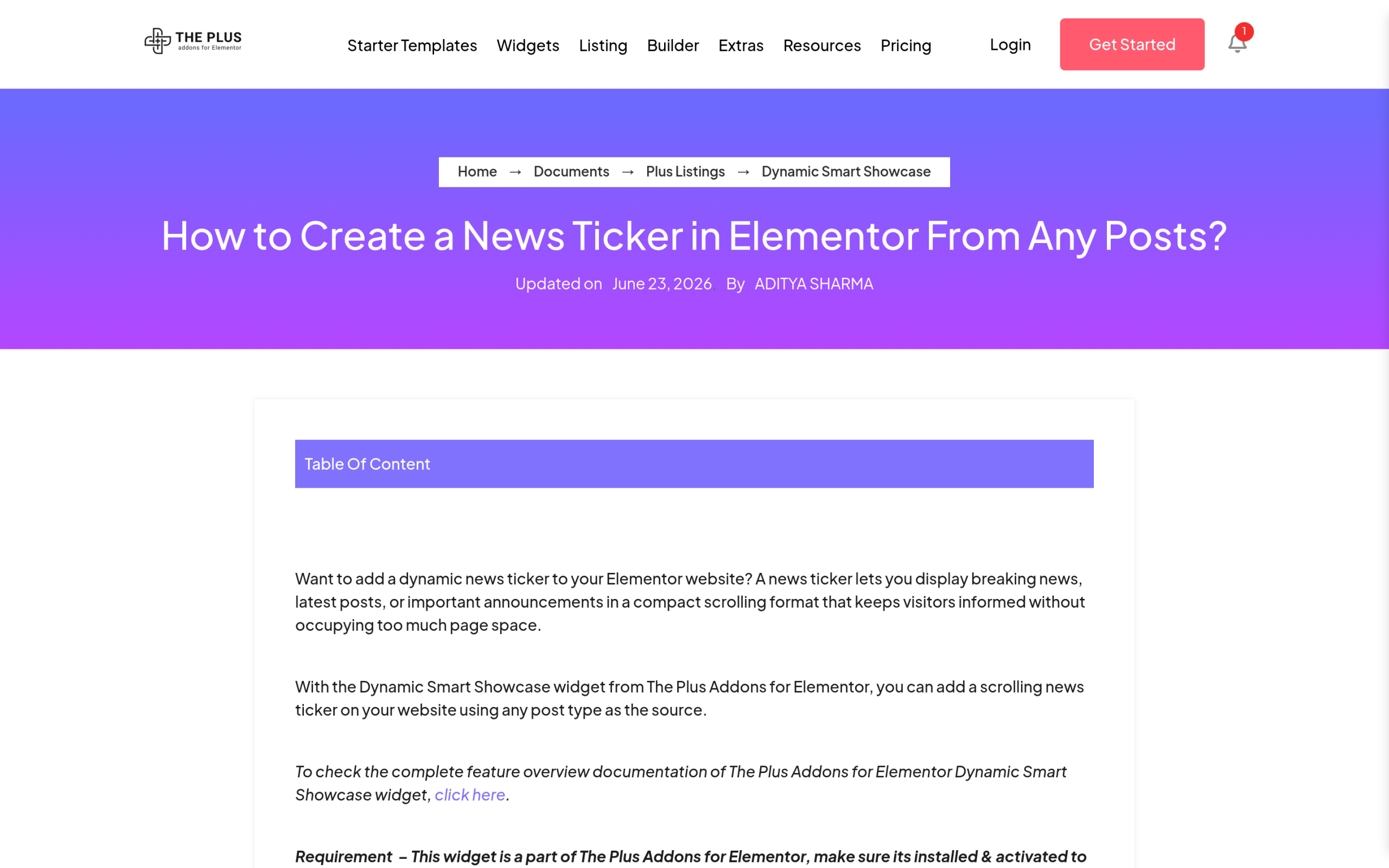 The plus addons documentation for building a news ticker in elementor from posts