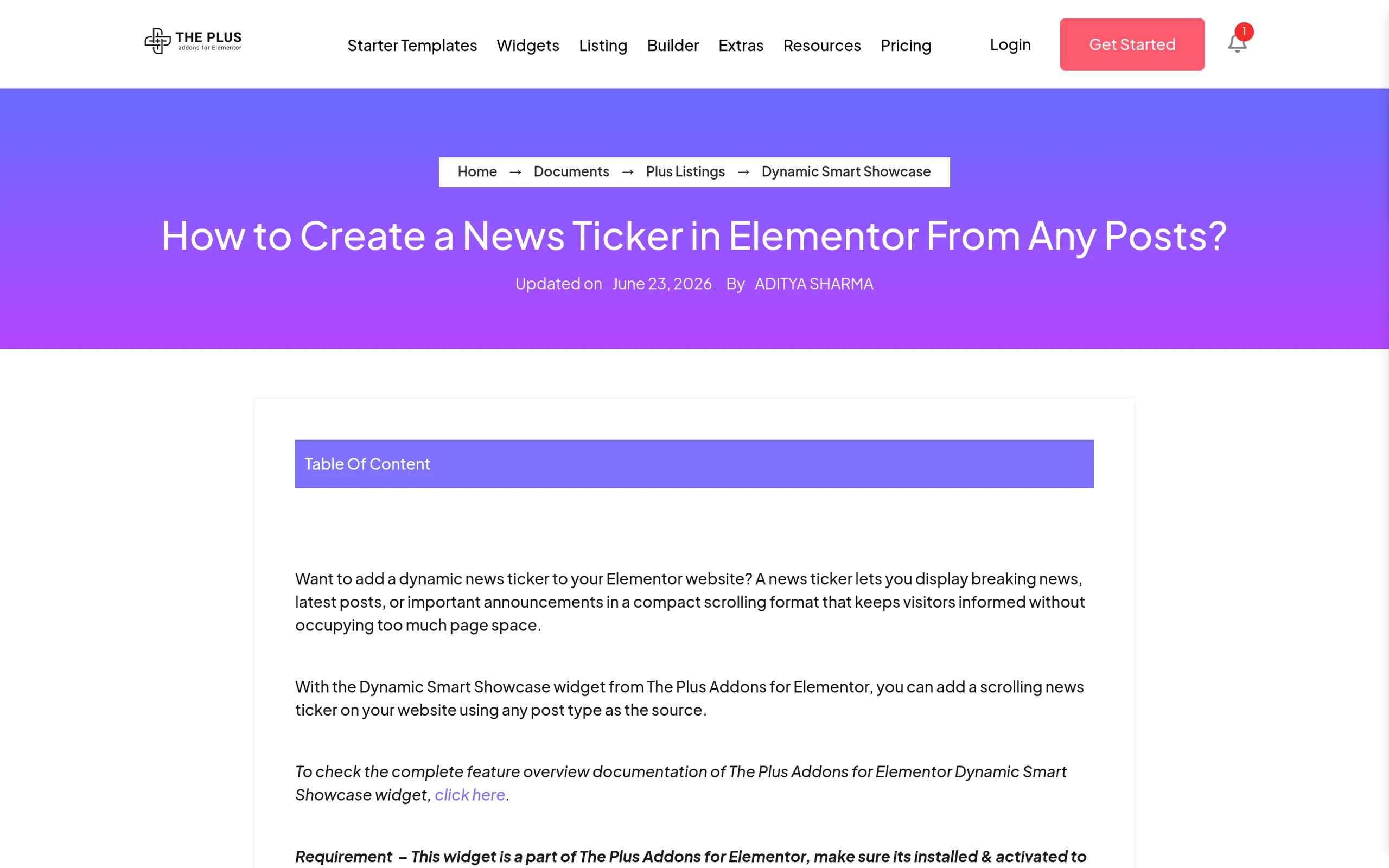 The plus addons documentation for building a news ticker in elementor from posts
