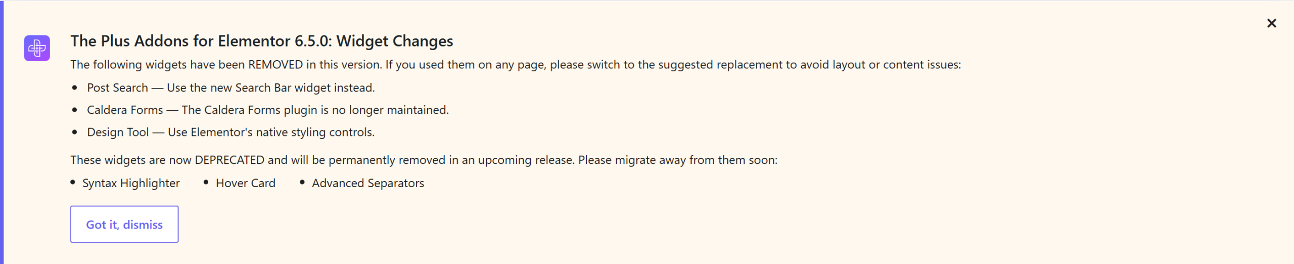 The version 6. 5. 0 widget changes notice in the wordpress admin listing removed and deprecated widgets