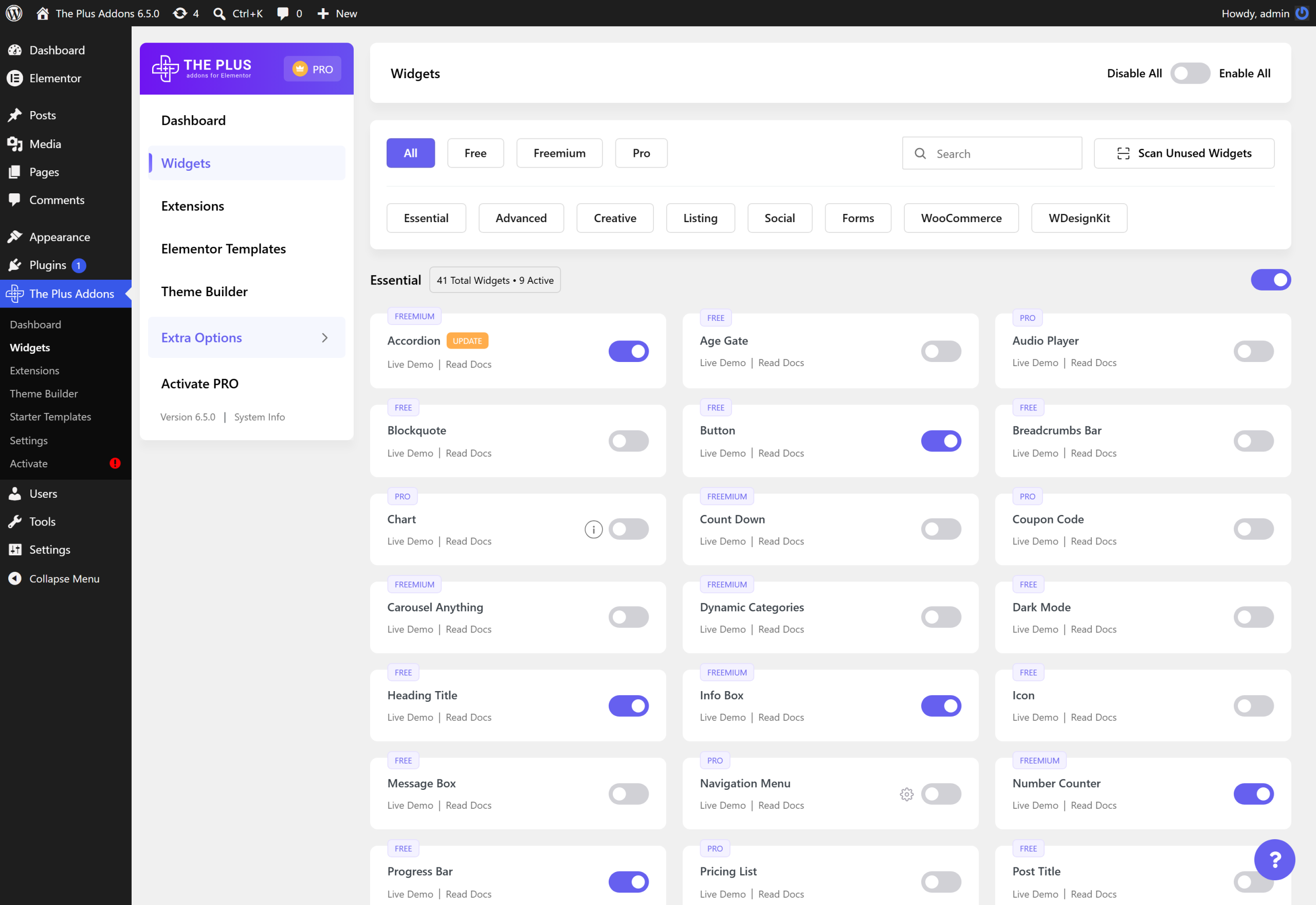 The plus addons for elementor 6. 5. 0 widgets manager showing widget categories and per category counts