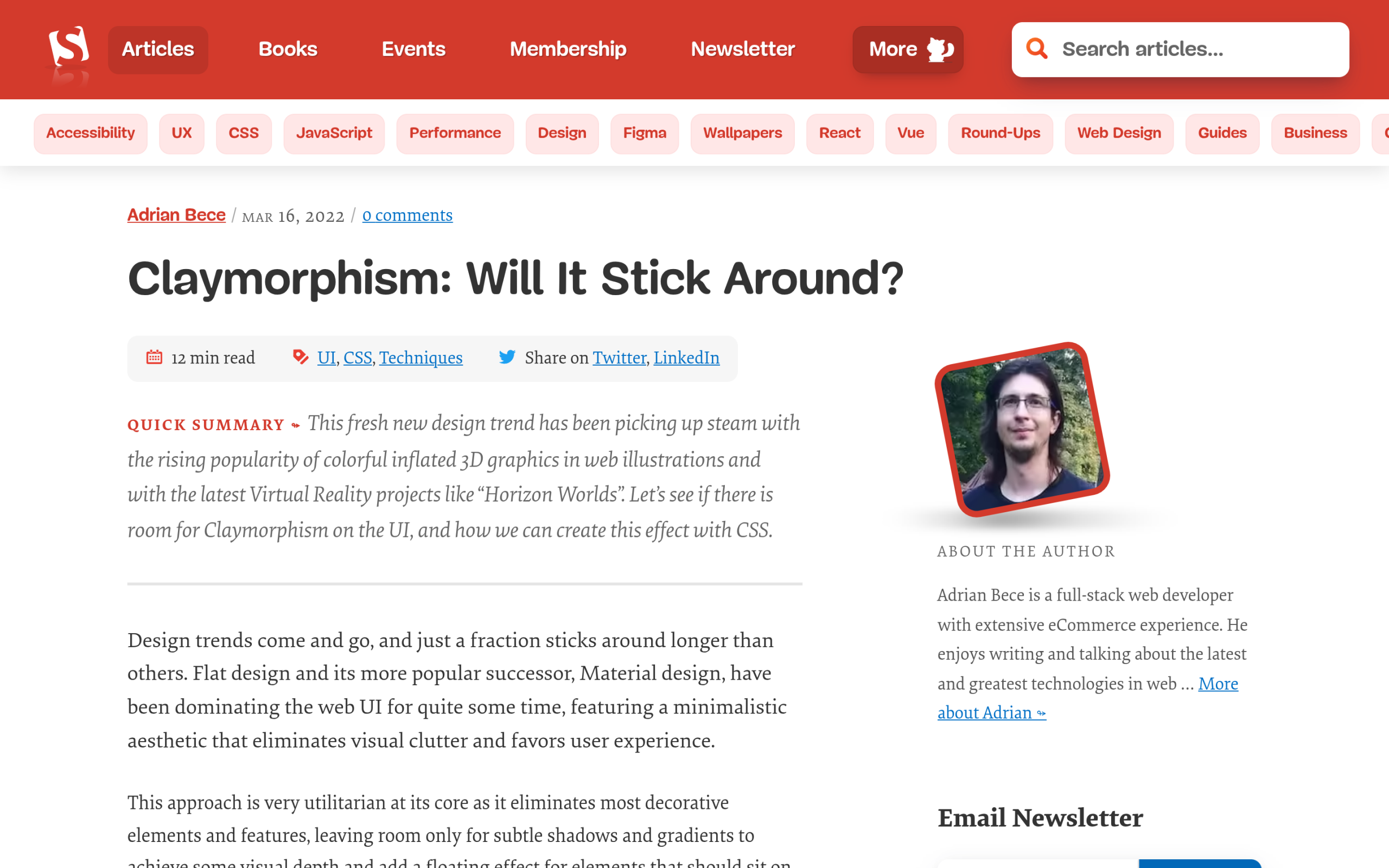 Claymorphism in 2026: The Three-Shadow Recipe for Soft 3D UI in WordPress Smashing magazine article by adrian bece showing the claymorphism css box-shadow recipe