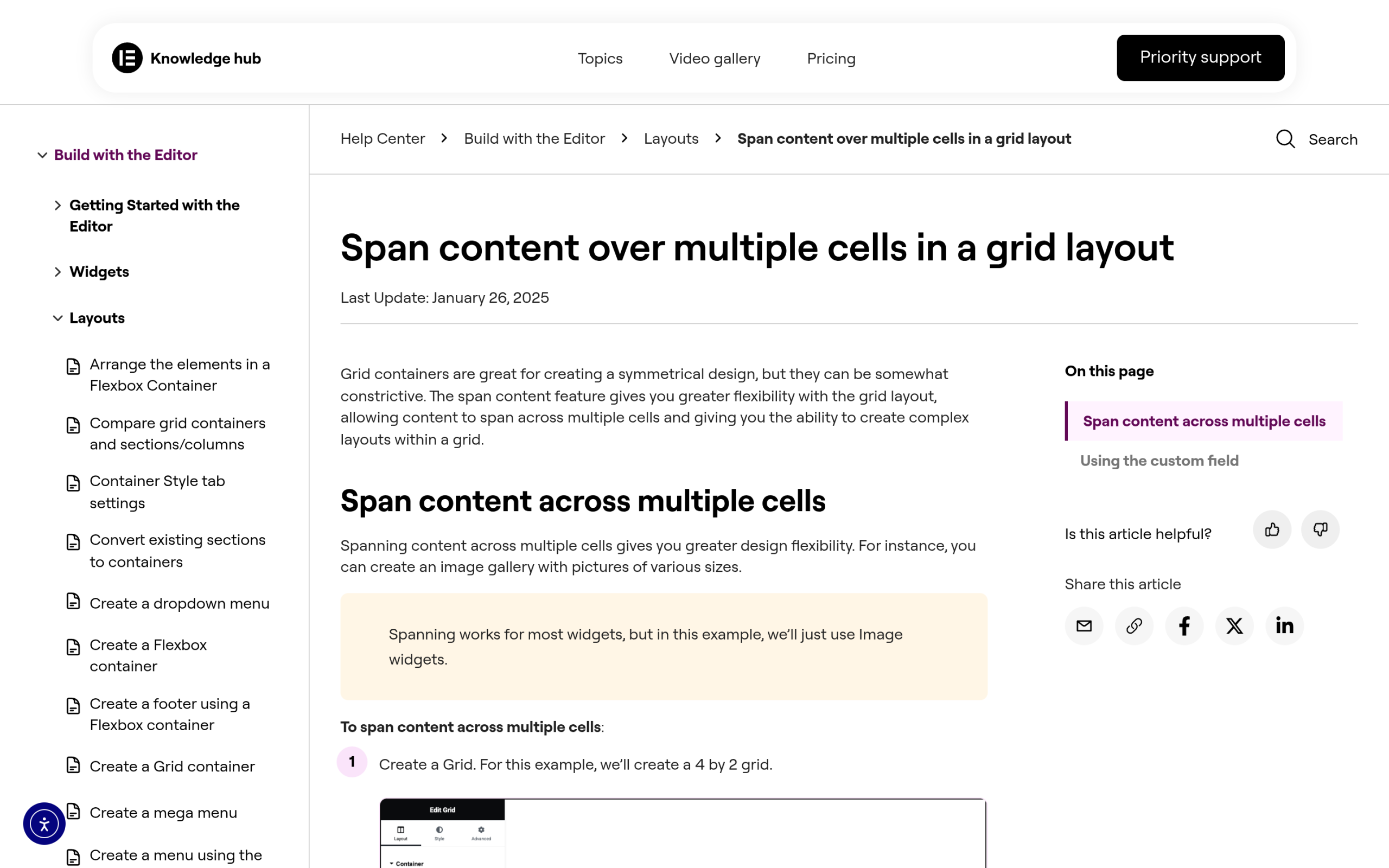 Bento Grid Layouts in 2026: CSS Grid vs Elementor (What Actually Works) Elementor help documentation showing the column span and row span controls in the grid item section of the advanced tab