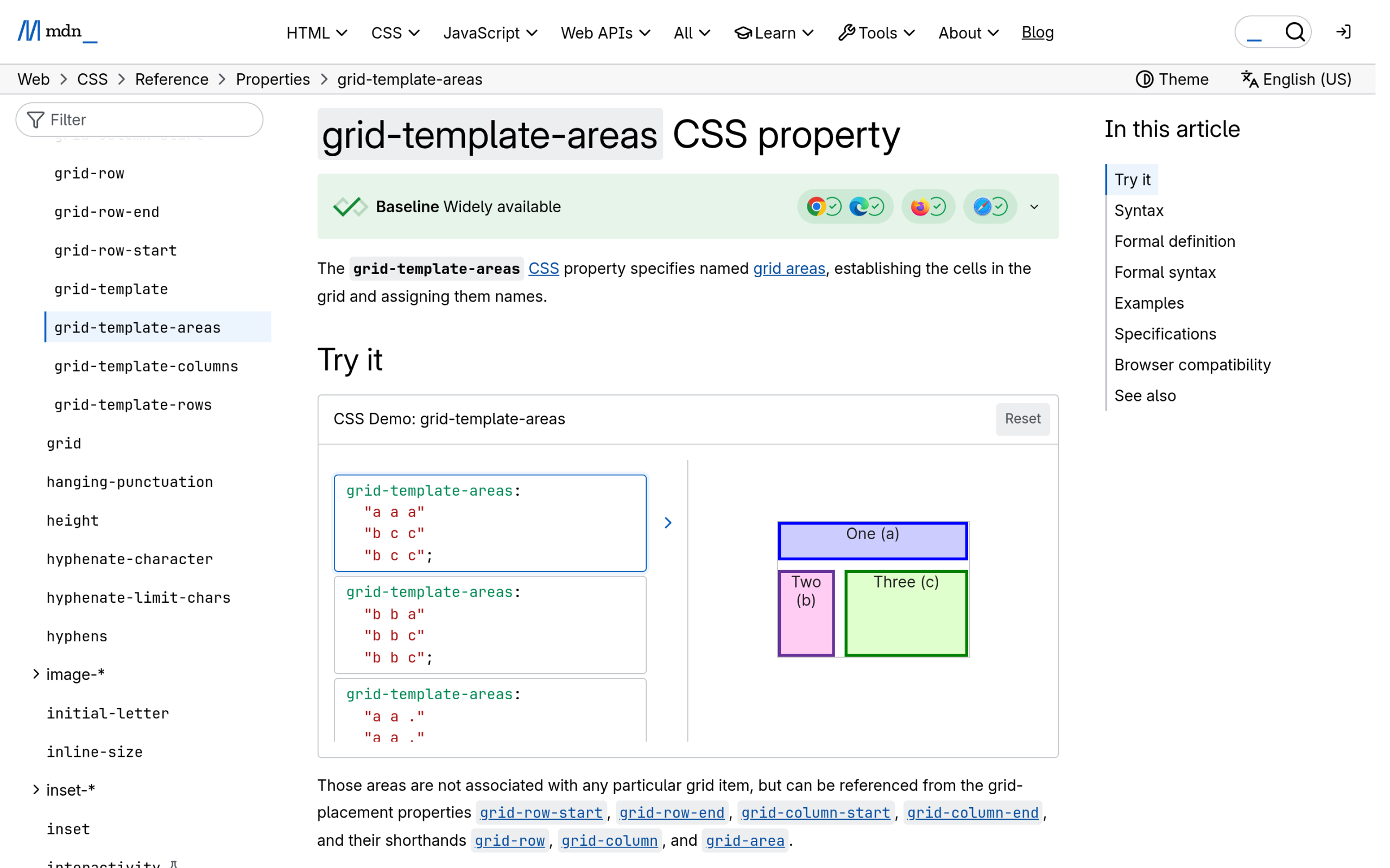 Bento Grid Layouts in 2026: CSS Grid vs Elementor (What Actually Works) Mdn web docs grid-template-areas reference page showing named area string syntax