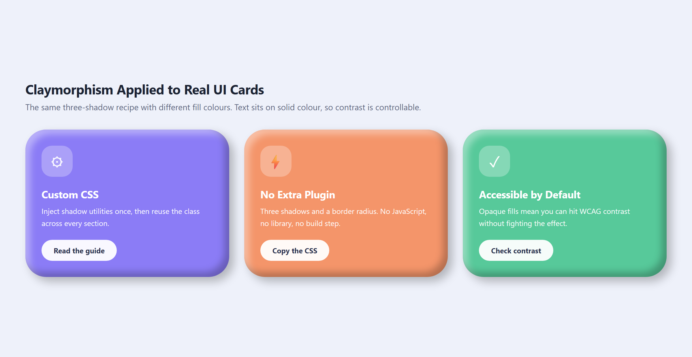 Claymorphism in 2026: The Three-Shadow Recipe for Soft 3D UI in WordPress Three claymorphic ui cards in purple, orange and green using the same three-shadow recipe with different fill colours
