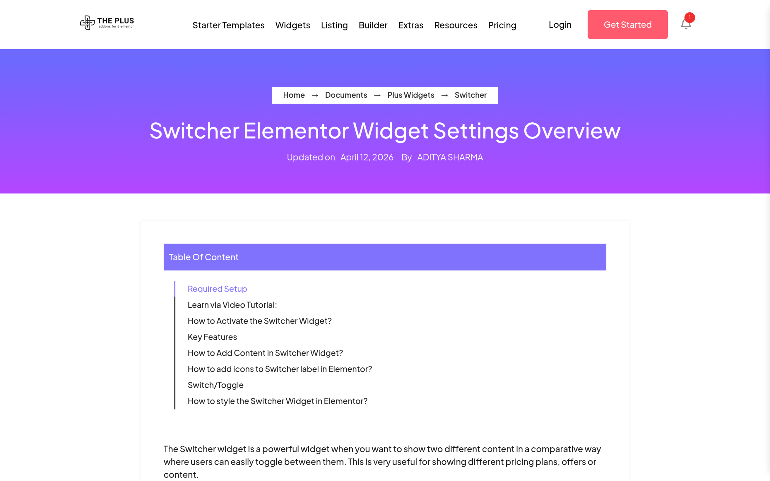 3 Ways to Build an Animated Toggle Switch in 2026 (CSS + Elementor) Documentation page showing content 1 and content 2 settings for the switcher widget