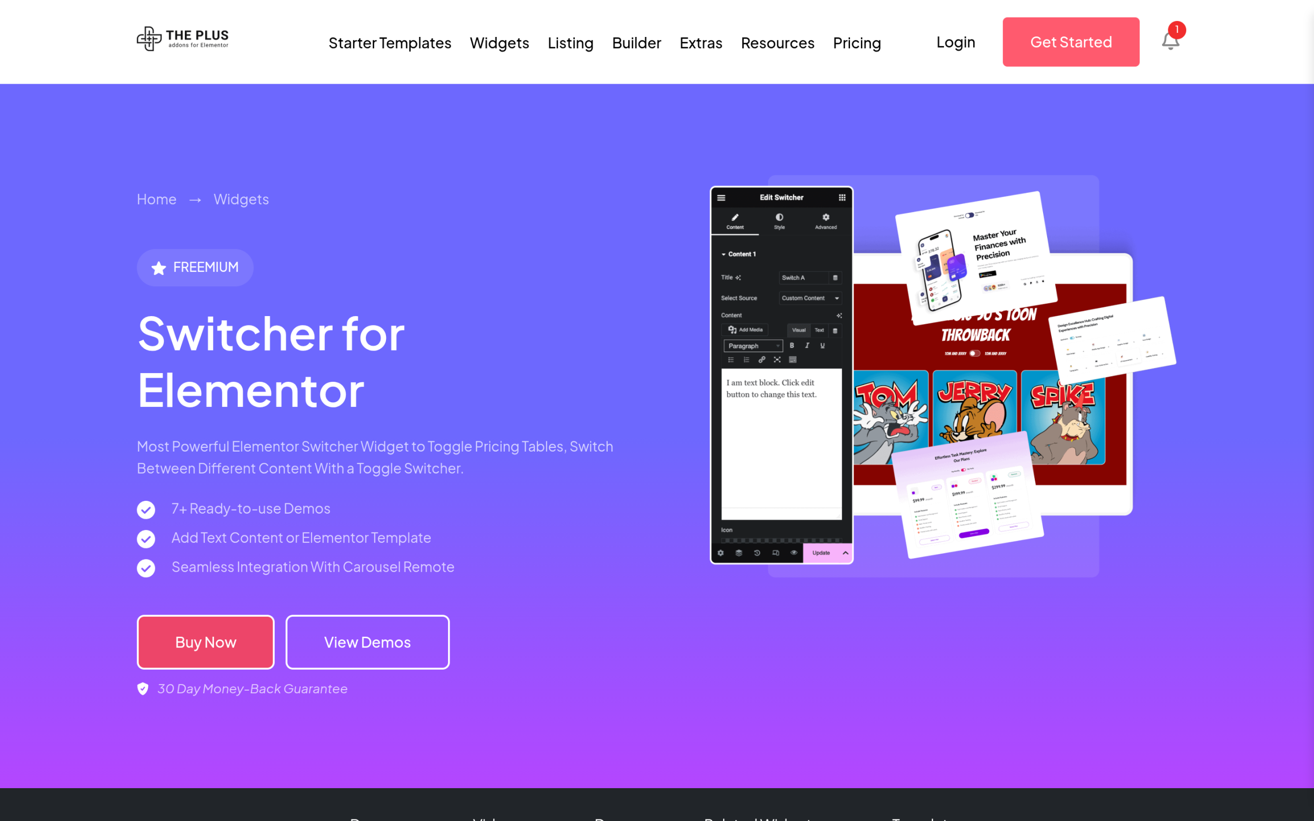 3 Ways to Build an Animated Toggle Switch in 2026 (CSS + Elementor) Switcher widget page for the plus addons for elementor showing pricing and content toggle examples