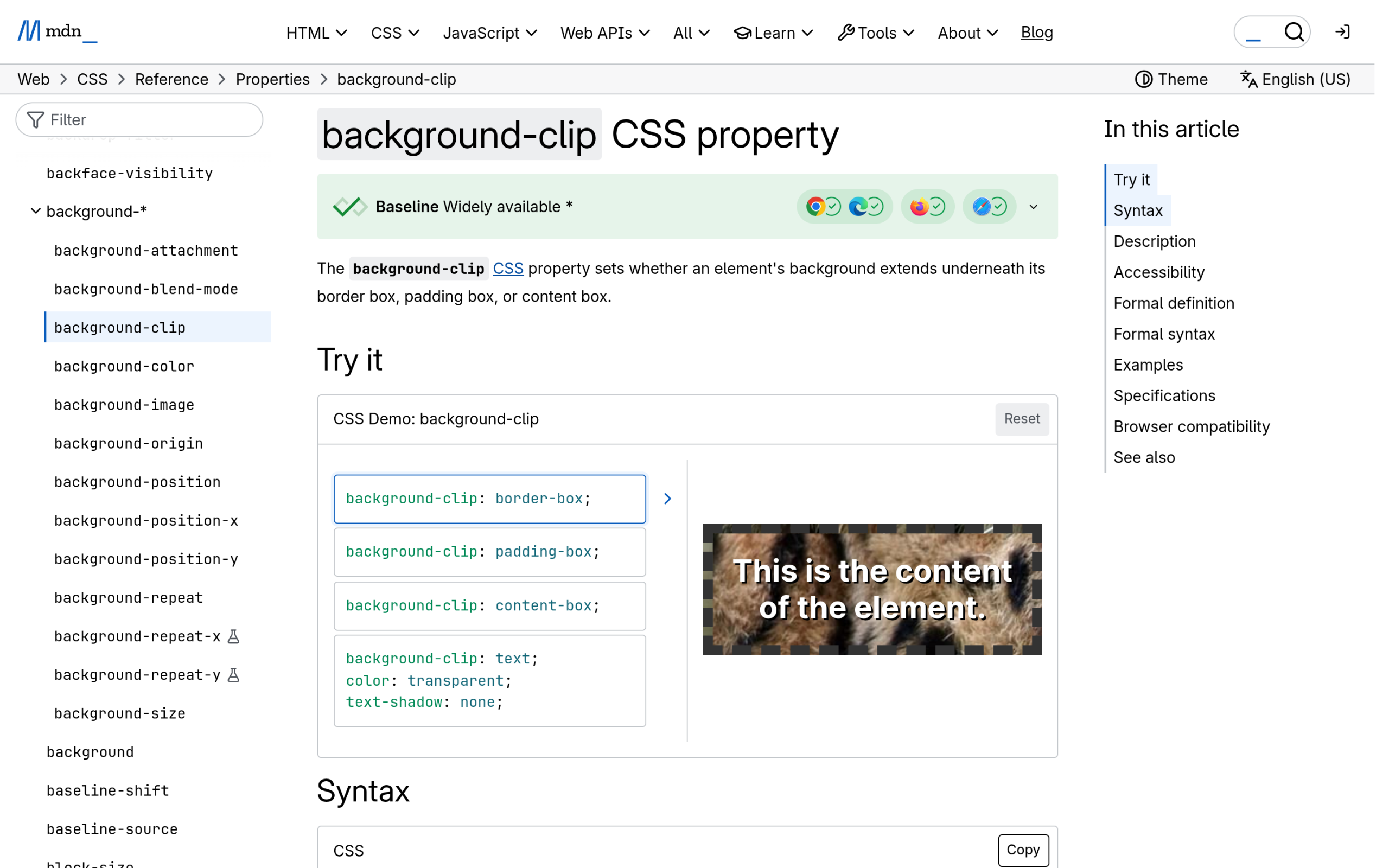 Gradient Text in WordPress: The CSS Recipe, the Animation, and the High Contrast Question Mdn web docs background-clip reference page documenting the text value and its accessibility guidance