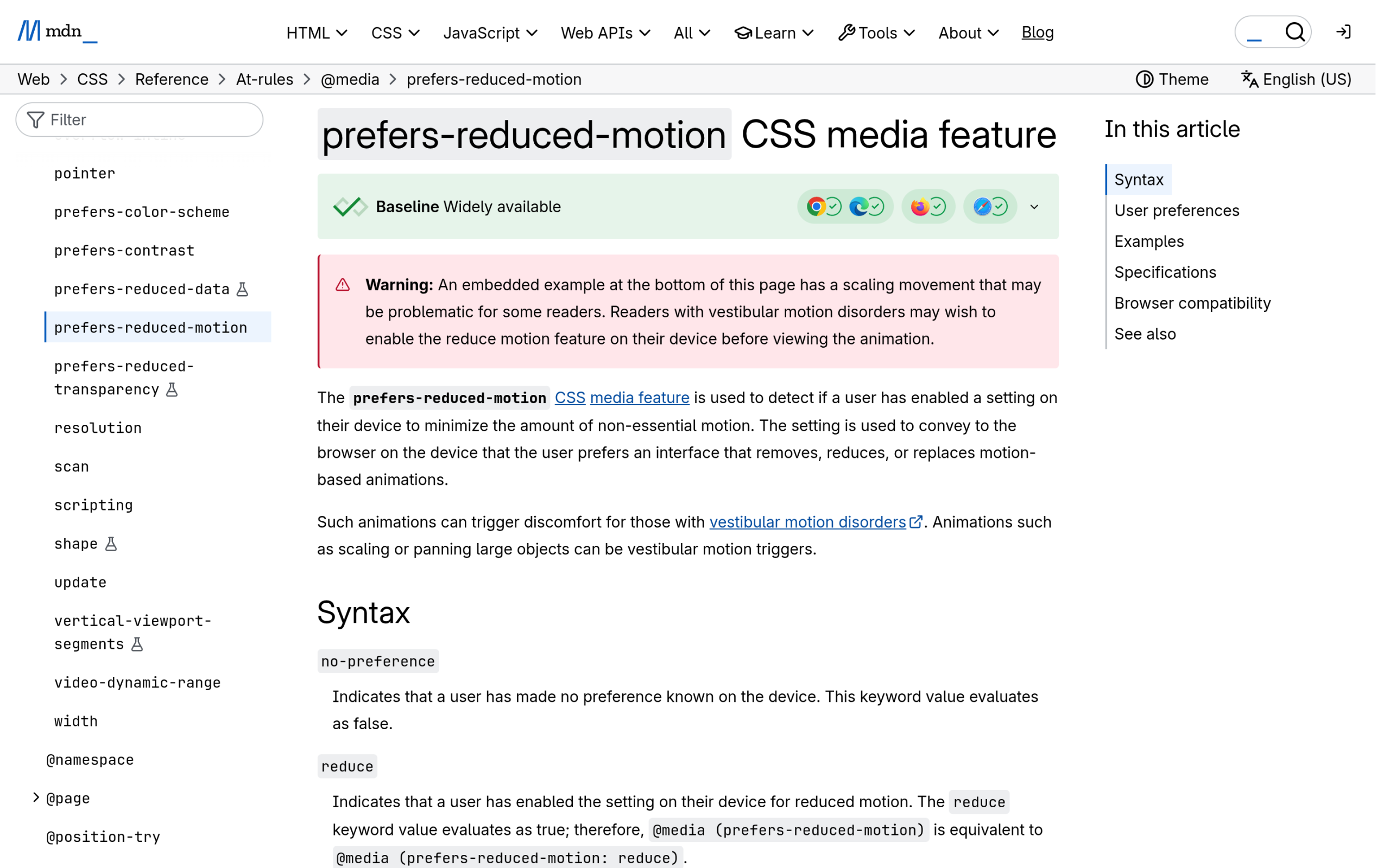 MDN Web Docs page for the prefers-reduced-motion CSS media feature