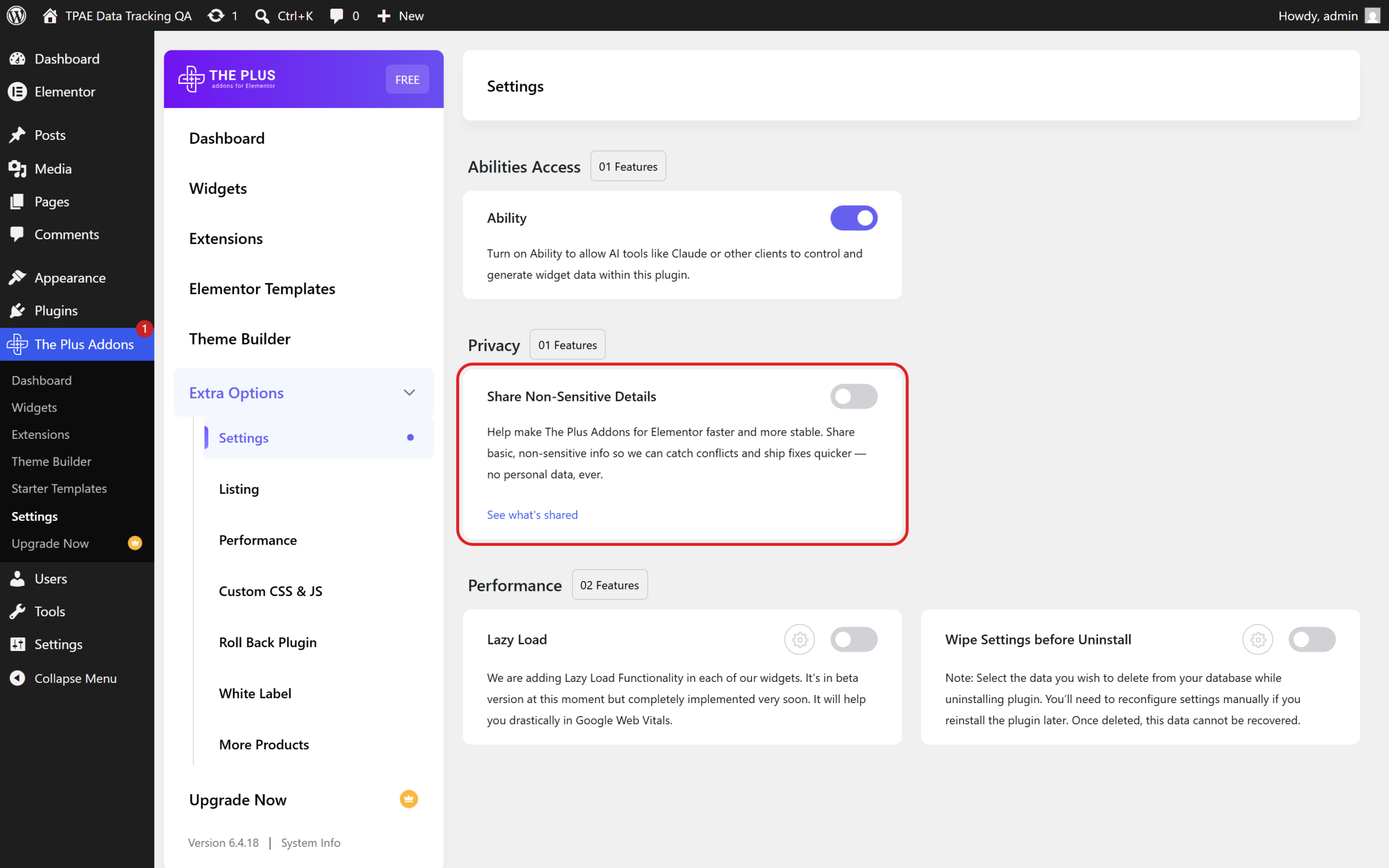 What Data Does The Plus Addons for Elementor Share With Us? The plus addons for elementor settings screen with extra options expanded, settings active, and the share non-sensitive details toggle under privacy highlighted