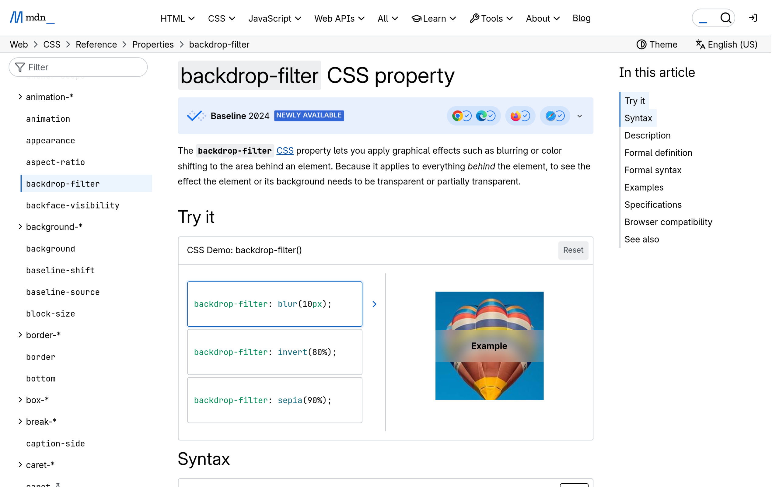 Liquid Glass in 2026: Apple's Design Language, and How Close CSS Can Get Mdn web docs backdrop-filter reference page listing the ten filter functions the property accepts