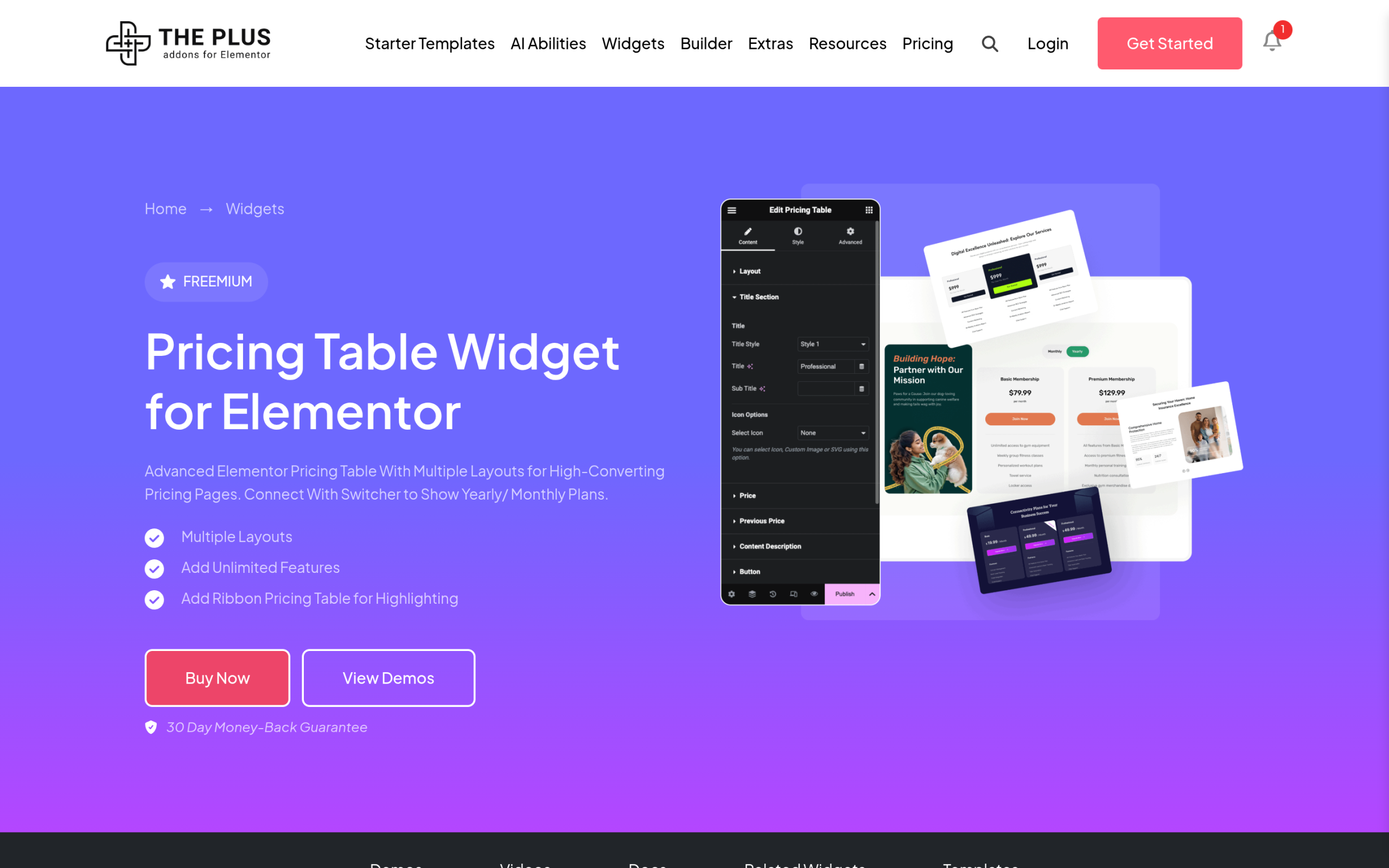 How to Add a Pricing Table in Elementor (No Code, Free Widget) The plus addons for elementor pricing table widget demo page showing five layout variations