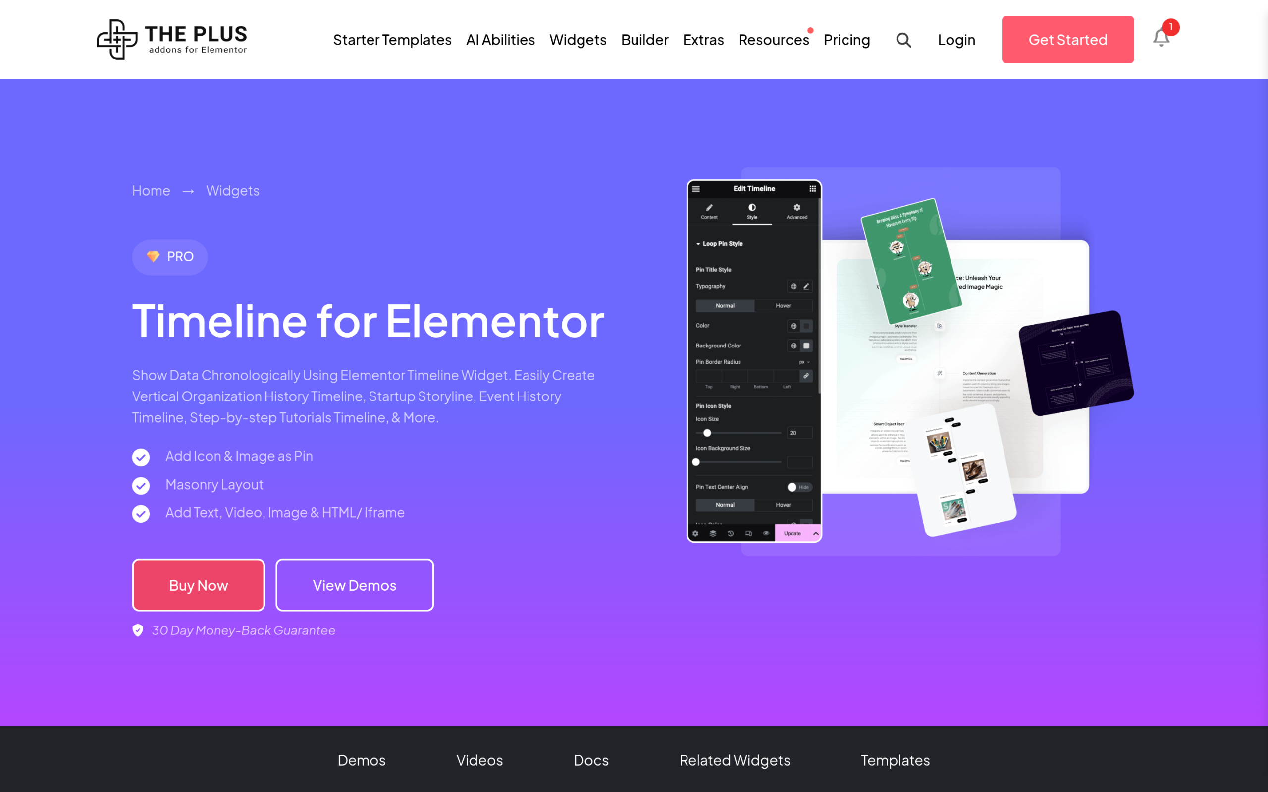 How to Add a Timeline Widget in Elementor (History, Roadmap, Process Steps) The plus addons for elementor timeline widget product page showing a vertical timeline layout