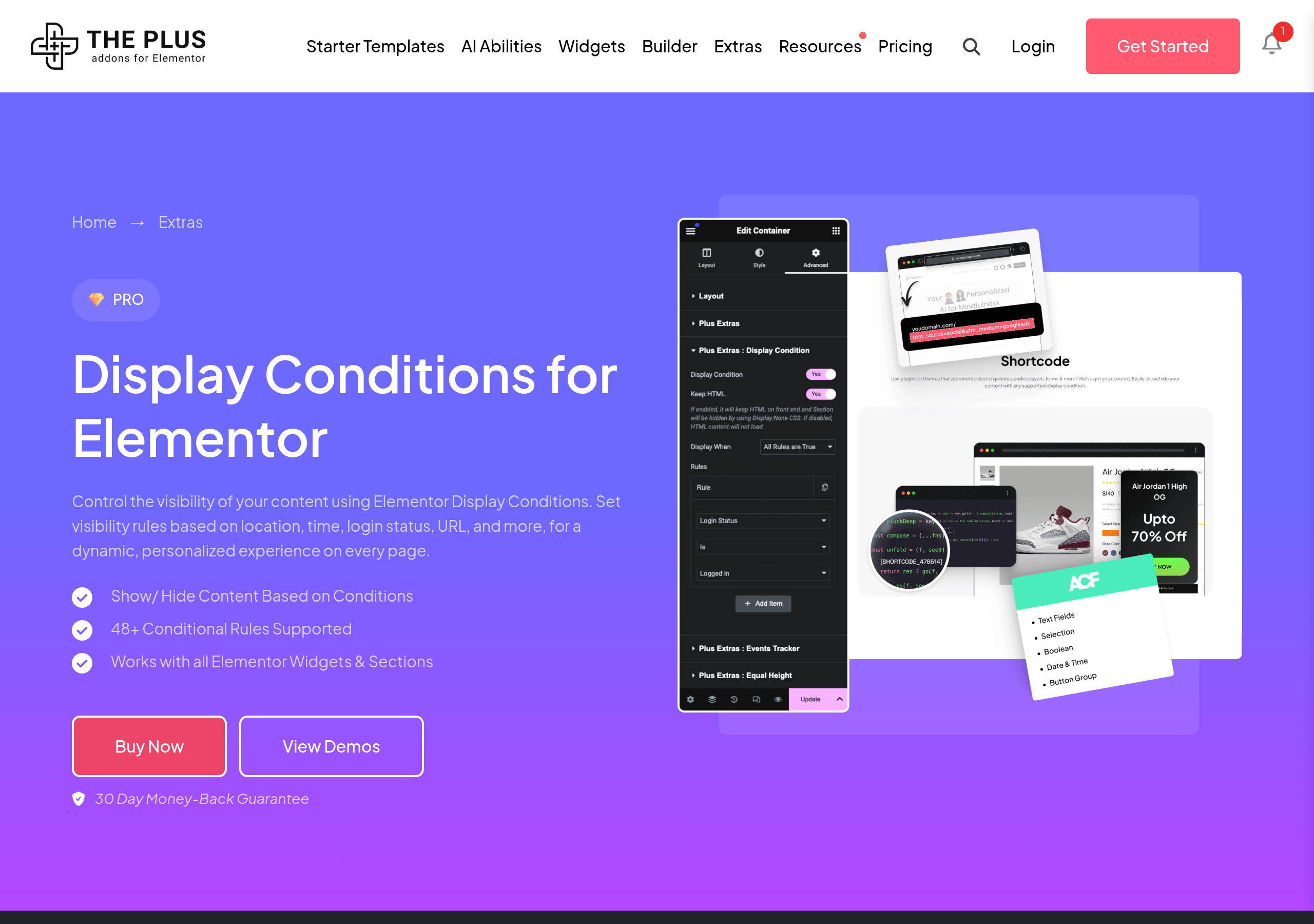 The plus addons display conditions for elementor product page showing show or hide content based on conditions