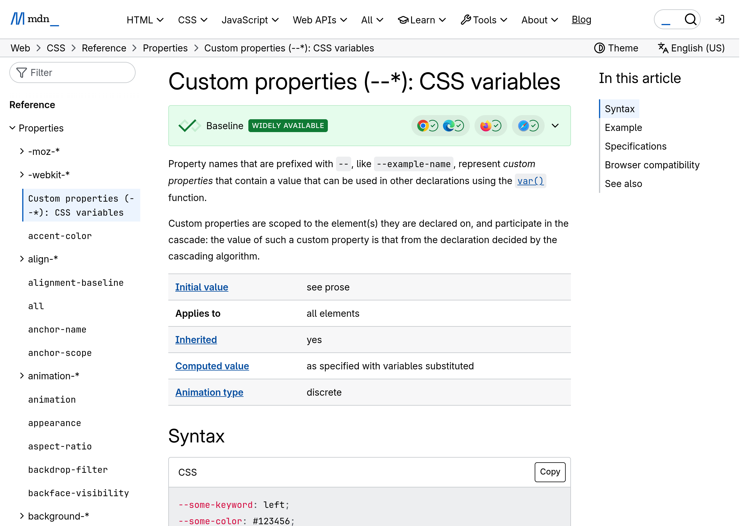 Mdn web docs reference page for css custom properties showing syntax and browser support