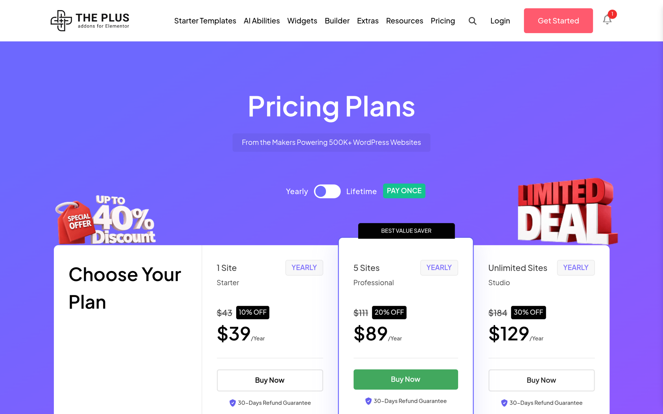 Essential Addons vs The Plus Addons for Elementor: Which Should You Actually Use in 2026? The plus addons for elementor pricing page showing starter professional studio and agency bundle plans