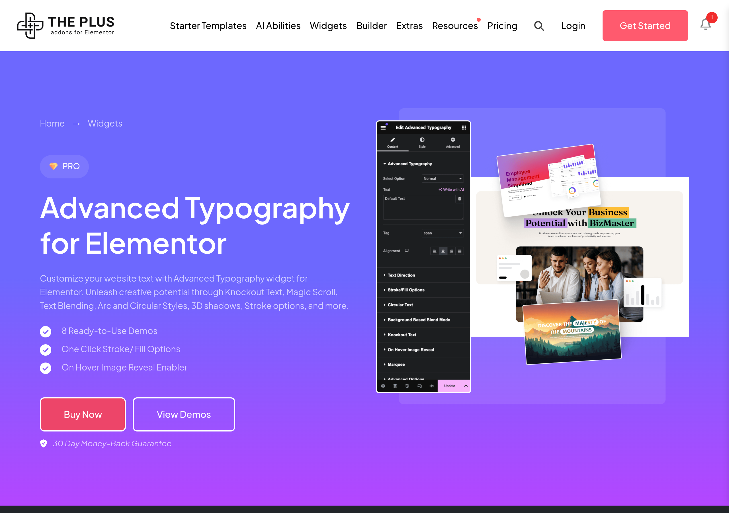 The plus addons advanced typography widget editor panel in elementor with stroke, blend mode, and knockout text controls