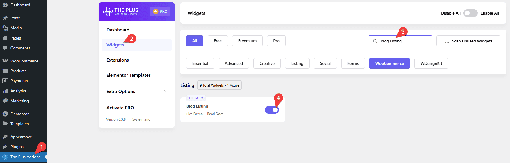 The blog listing widget switched on in the plus addons widget settings