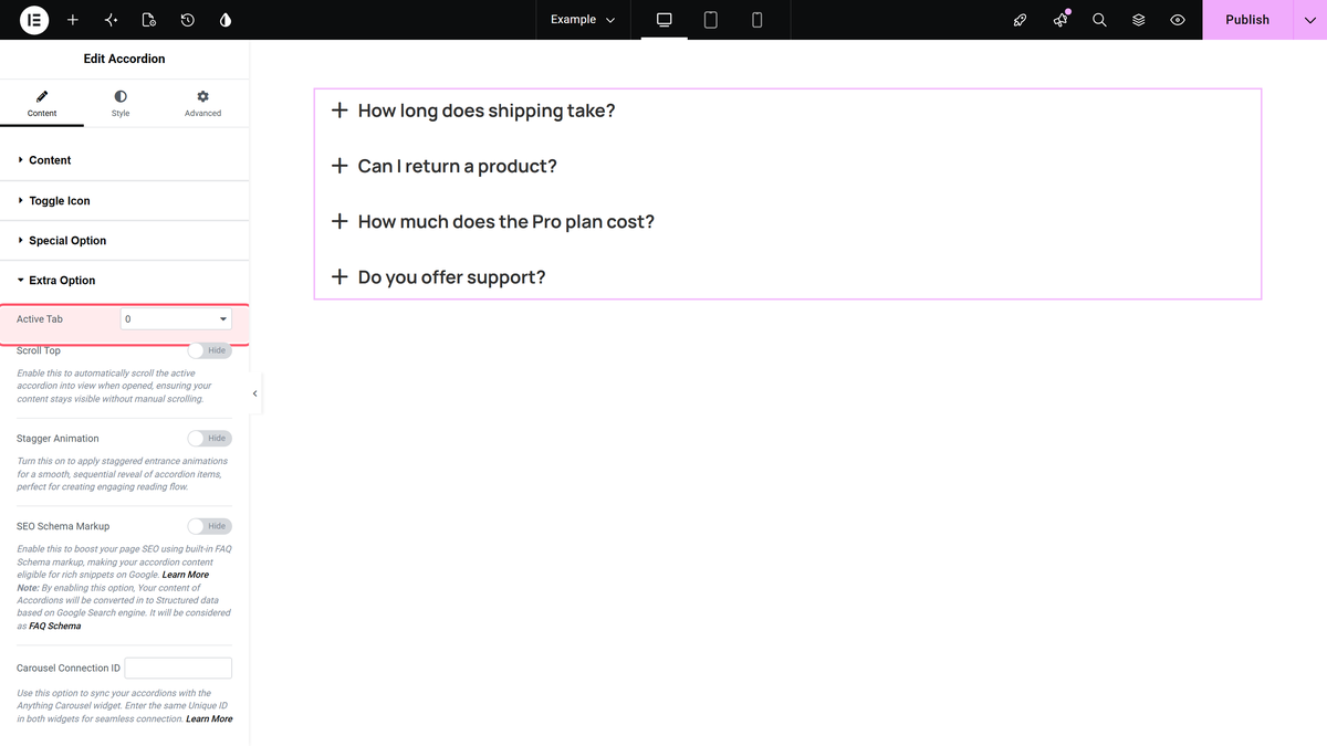 How to Close First Elementor Accordion By Default? Active tab set to 0 in the extra option section
