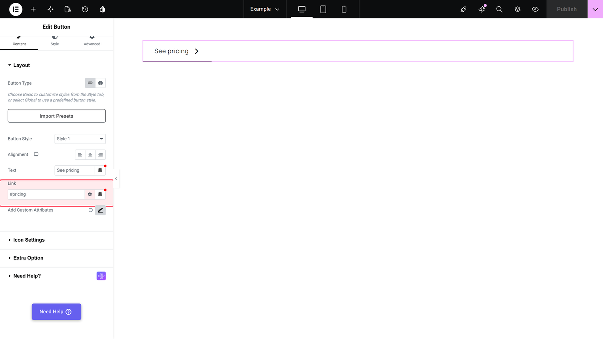 A button widget linking to #pricing