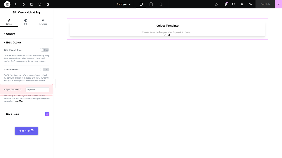 How to connect a Slider, Tabs with an Accordion with Carousel ID in Elementor? Unique carousel id in the anything carousel widget