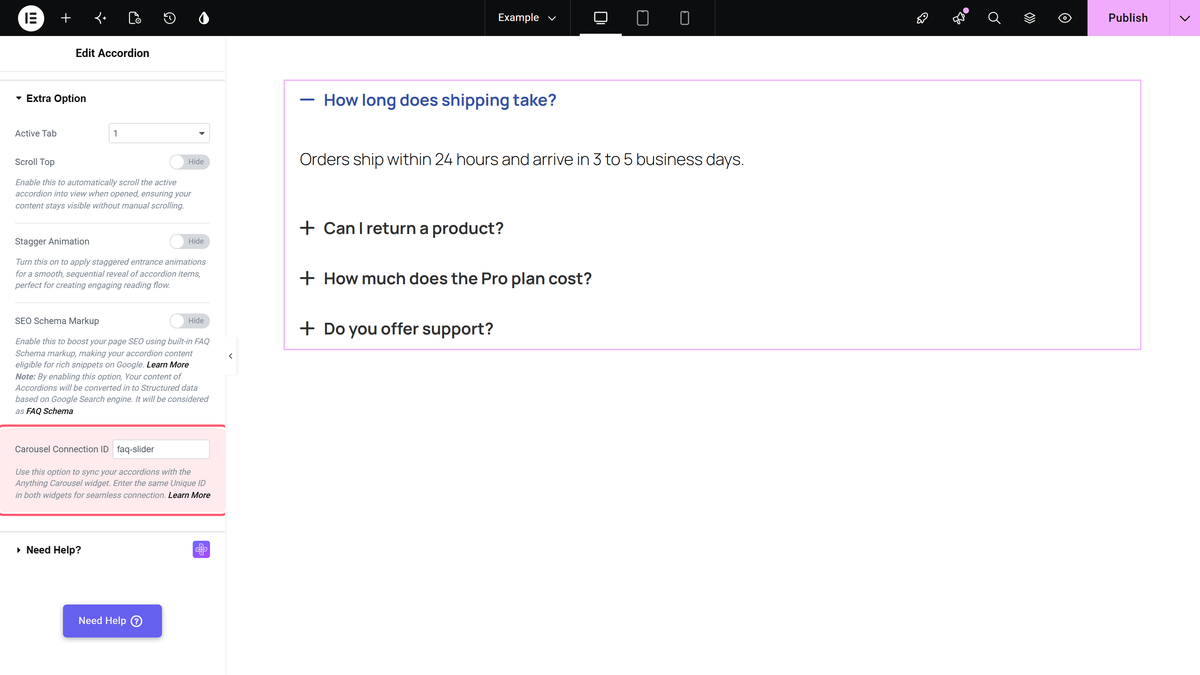 How to connect a Slider, Tabs with an Accordion with Carousel ID in Elementor? Carousel connection id in the extra option section of the accordion