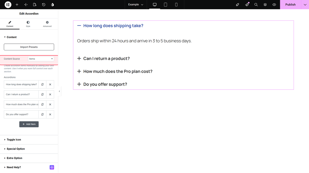 Content source in the content section of the accordion widget