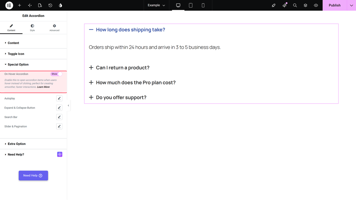 On hover accordion turned on in the special option section