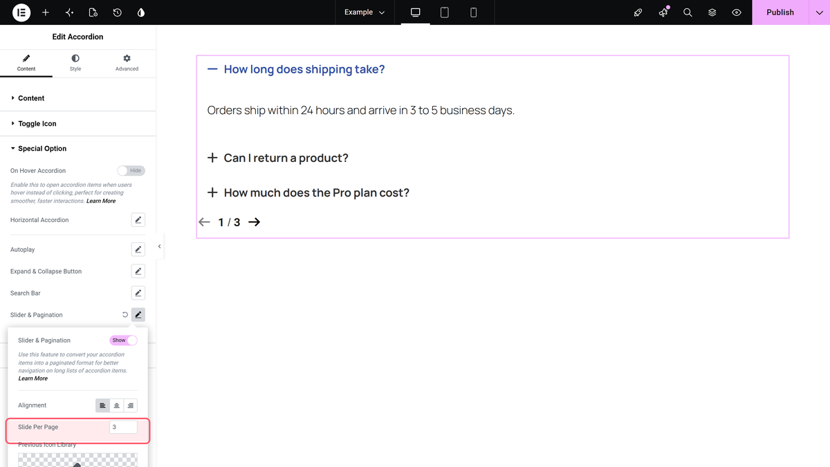 How to add Pagination/Slider to Accordion in Elementor? Slide per page and the arrow settings under slider and pagination