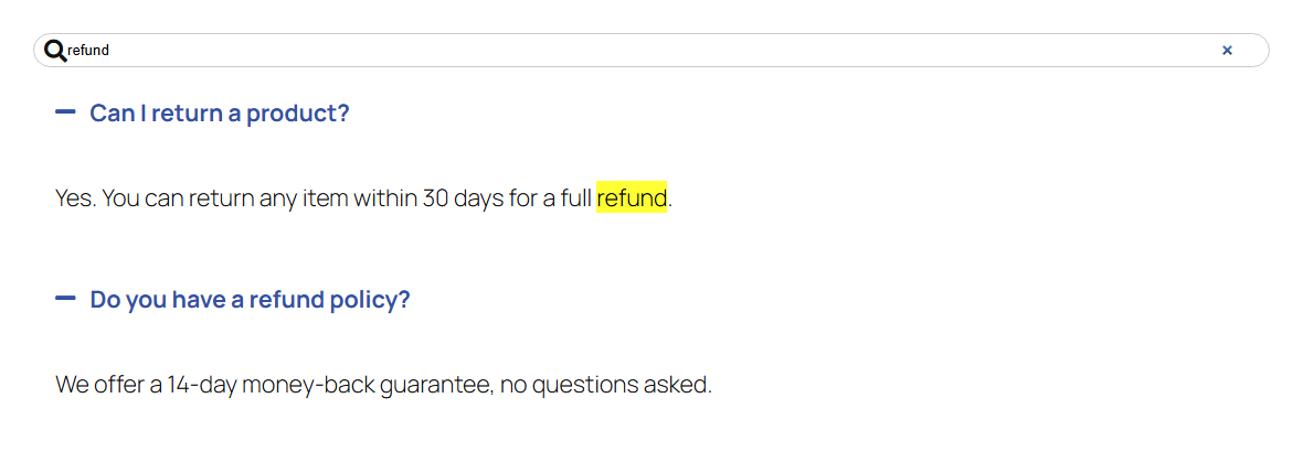 How to Add a Search Bar to Accordion in Elementor? Searching refund shows and opens the two matching items, with the word highlighted