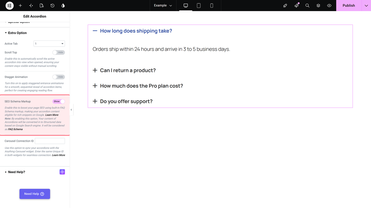 How to add SEO FAQ Schema Markup to Accordion in Elementor? Seo schema markup turned on in the extra option section