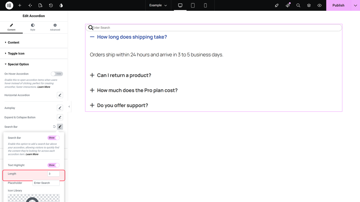 How to Add a Search Bar to Accordion in Elementor? The search bar settings: text highlight, length, placeholder and icon