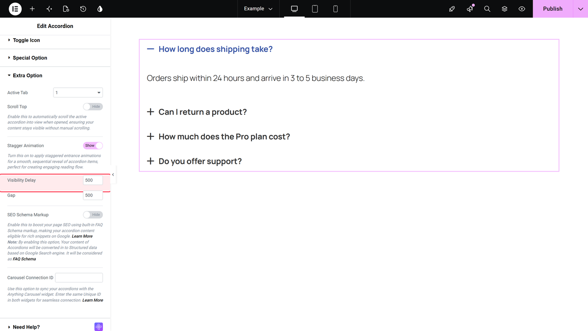 Stagger animation with visibility delay and gap in the extra option section