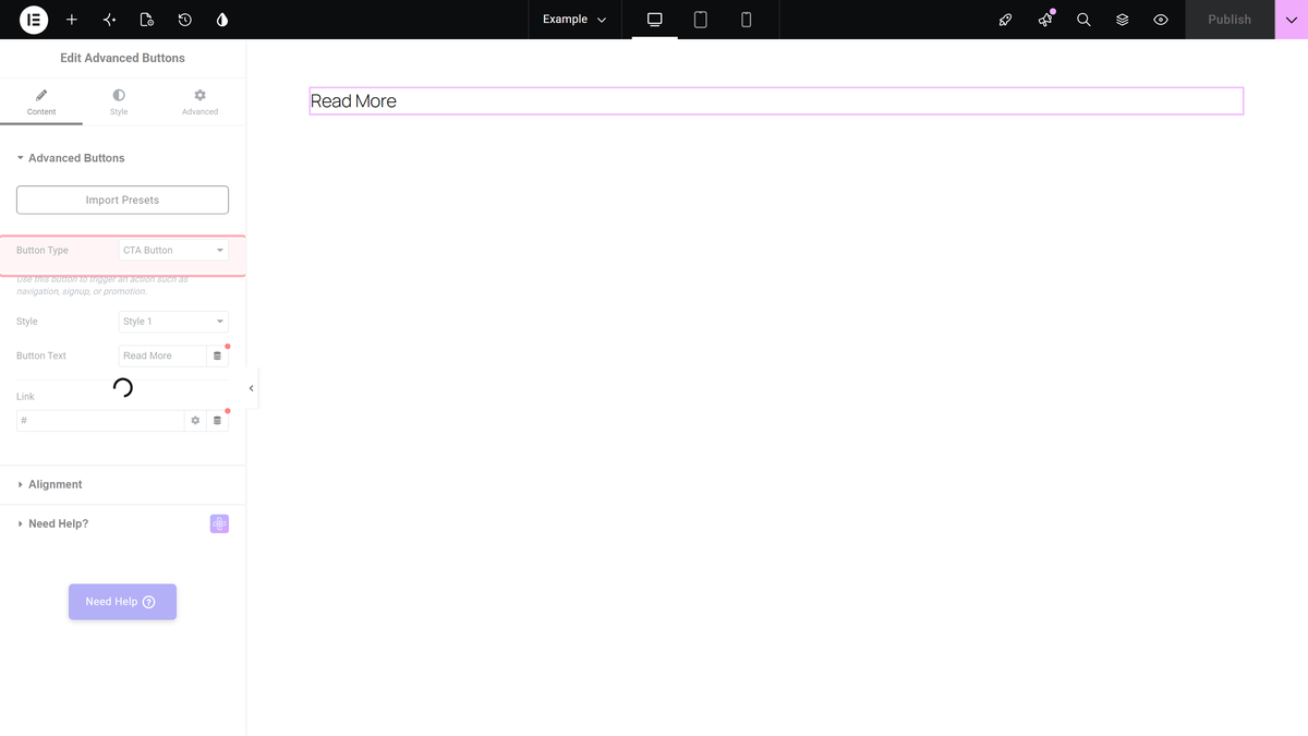 How to Add Advanced Buttons in Elementor? Button type dropdown set to cta, in the advanced buttons content panel