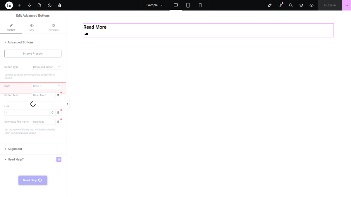 How to Add Advanced Buttons in Elementor? Style dropdown showing the cta button animation presets