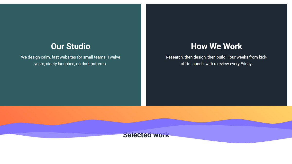 How to Create Animated Shape Divider in Elementor? Three stacked wave layers, purple and an orange-to-yellow gradient, on the bottom edge of a two-column section