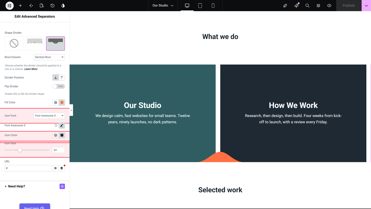 Icon font set to font awesome 5, with icon color and icon size below it in the advanced separators panel