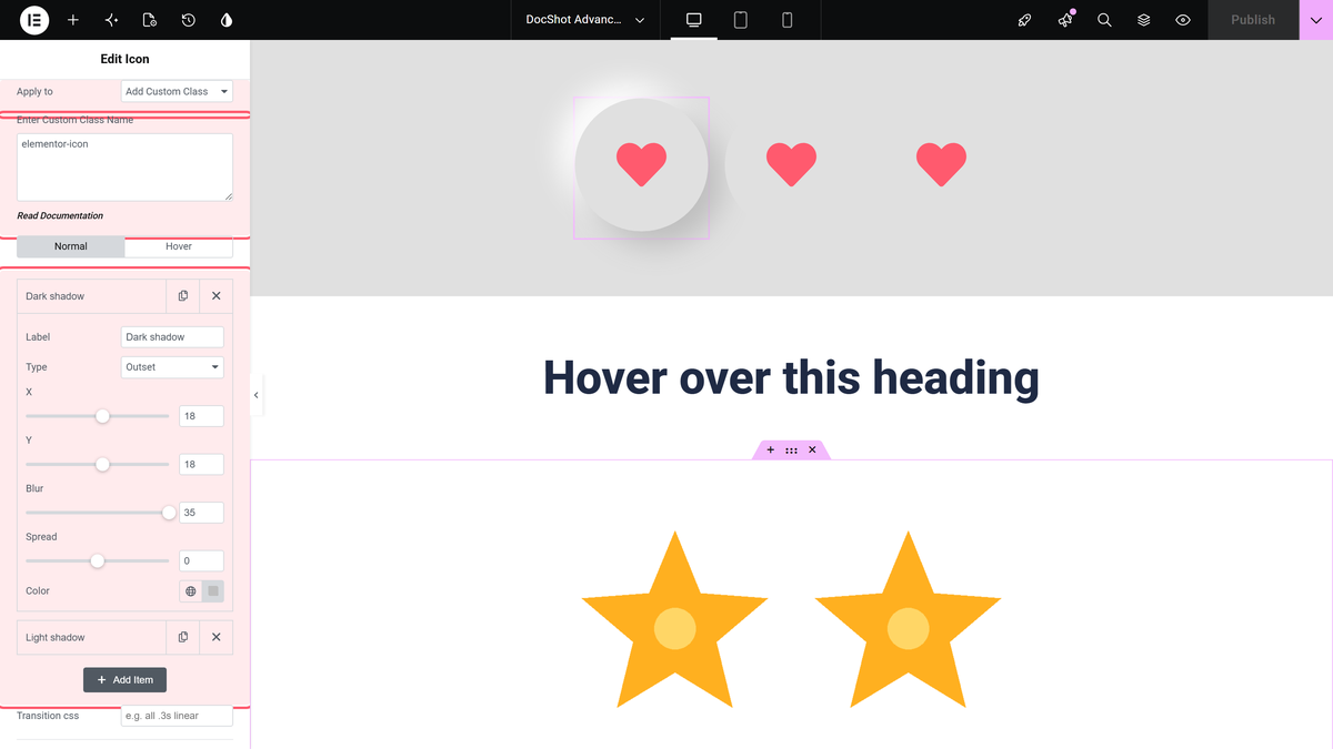 How to Add Neumorphism Effect in Elementor? Box shadows applied to the elementor-icon class, with the dark shadow item open showing x 18, y 18 and blur 35