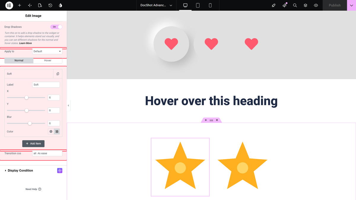 How to Change Drop Shadow on Hover in Elementor? Drop shadows switched on with apply to default, a soft item open and transition css all. 4s ease