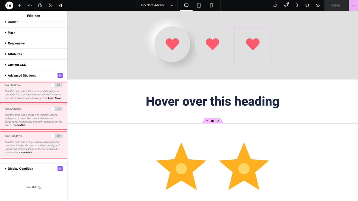 The advanced shadows section in the advanced tab, with the box shadows, text shadows and drop shadows switches