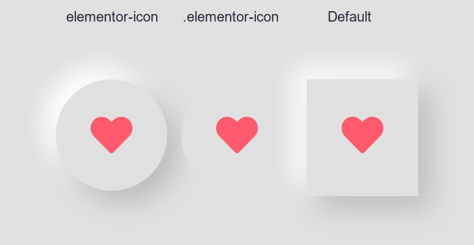 How to Add Neumorphism Effect in Elementor? Three icons: shadow on the elementor-icon class, no shadow with a dotted class name, and a square shadow with default